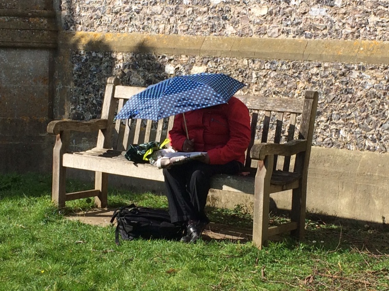 umbrella, sun, Church, woman, Hambleden, Easter Monday, Buckinghamshire