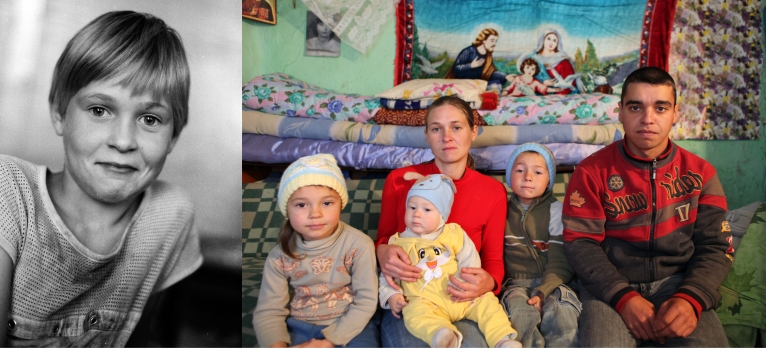 Corina in 1997 at the orphanage when she was 11 and in October 2011 in her house in a village about 40 km from Iasi. She married a local guy and already have 3 children. They live in a tiny traditional house with limited facilities which belongs to their in-laws.