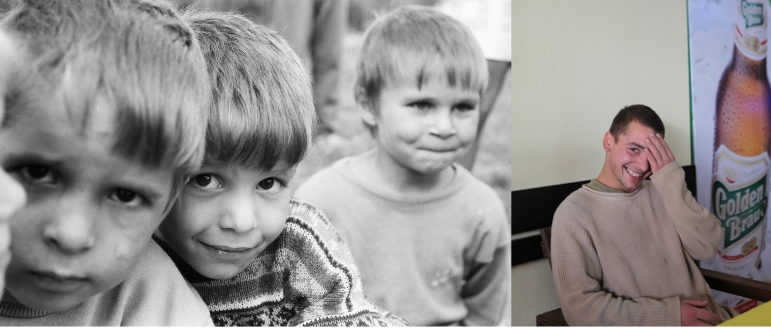 Dodo (Georghe Stingaciu) -in the middle on the photo- in 1995 when he was 5 at the orphanage and in 2011, aged 20, in a bar in Popricani. Dodo is a builder. He used to work with his biological father in a village near Iasi but didnt get on with him at all.